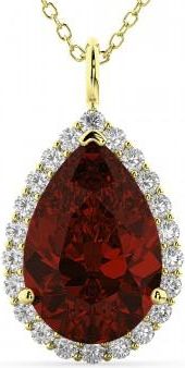 Allurez Halo Garnet & Diamond Pear Shaped Pendant Necklace 14k Yellow Gold (6.24ct)