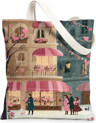 Generic Floral Canvas Tote Bags, Vintage Flower Pattern Reusable Grocery Bags, Romantic Lightweight Washable Shoulder Strap Canvas, Peach, 13x15 Inch