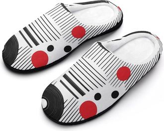 Generic Black White Piano Keys Vinyl Records Mens Slippers Slip On Comfortable Fleece Cotton House Shoes Winter