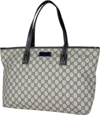 Gucci Beige Navy Coated Canvas Leather Tote Bag (Pre-Owned)