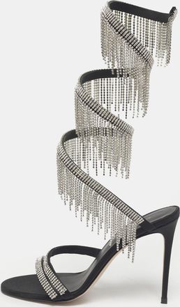 Le Silla Black Satin Crystal Embellished Jewels Ankle Wrap Sandals