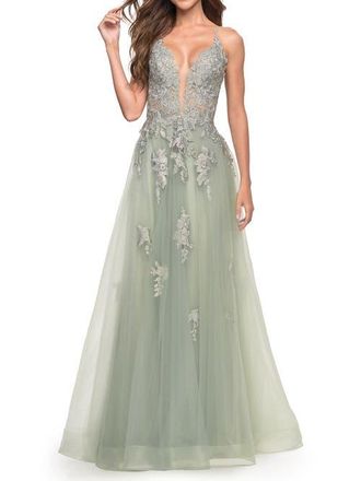 La Femme Tulle A-line Dress with Jeweled Lace Appliques in Sage at Nordstrom, Size 16