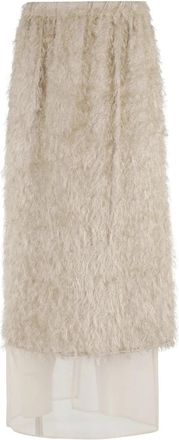 Alysi Fringe Midi Rok in Amandelkleur - Dames - Midirokken - Beige - XS - Tule - Rokken