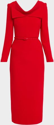Roland Mouret Square-Neck Belted Long-Sleeve Midi Dress