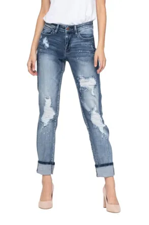 Judy Blue Destroyed Bleach Splatter Boyfriend Jeans In Light Blue Wash