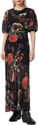 AllSaints Tiwa Floral Puff Sleeve Maxi Dress in Haze Black at Nordstrom Rack, Size 6 Us / 10 Uk