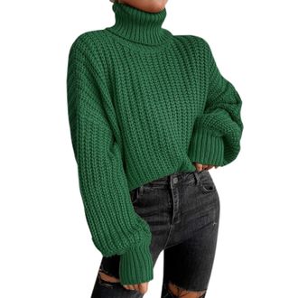 Generic Cable Knit Jumper Women Oversized Polo Neck Chunky Knitted Jumpers Autumn Winter Turtleneck Spullover Weaters Cozy Soft Thermal High Neck Knitwear,Gre