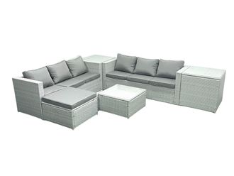 Fimous Rattan Garden Outdoor Furniture Set 7 Seater Rattan Garden Sofa Set with Big Footstool 2 Side Tables Light Grey Mixed