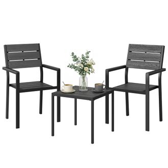 OUTSUNNY Conjunto De Mesa Y Sillas De Terraza Exterior De 3 Piezas Con 2 Sillas Y Mesa De Hdpe Dise&ntilde;o Listones Efecto Madera Marco Metal Para Balc&oacute;n