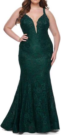 La Femme Plus SIze Dress Lace Fitted Long Gown in Dark Emerald at Nordstrom, Size 14W