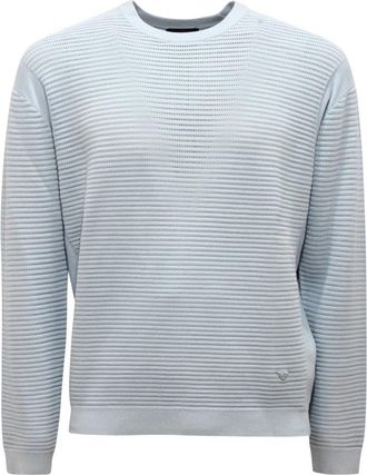 Armani O2328 Maglione Katoenen Trui met Perforaties - Heren - Ronde hals truien - Blauw - S - Katoen - Truien & Vesten