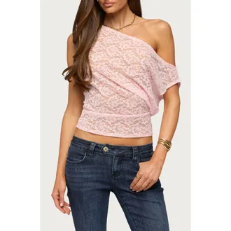 Edikted Kessa Off the Shoulder Sheer Lace Top in Pink at Nordstrom, Size X-Large