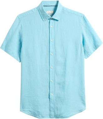 Bugatchi Orson Shaped Fit Short Sleeve Linen Button-Up Shirt in Turquoise at Nordstrom, Size Xxx-Large