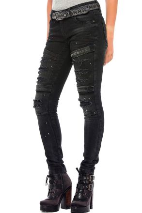 Cipo & Baxx womens jeans pants destroyed unusual denim biker jeans slim fit design pants jeans pants black W29 L32