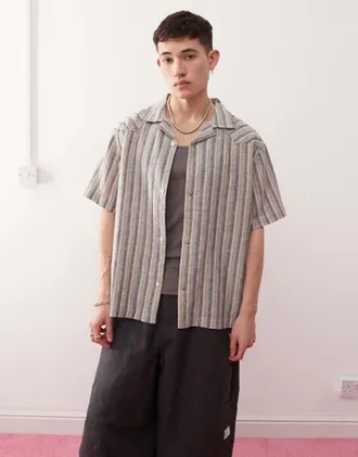 Wrangler resort stripe linen cotton mix relaxed textured shirt in indigo blue-Navy