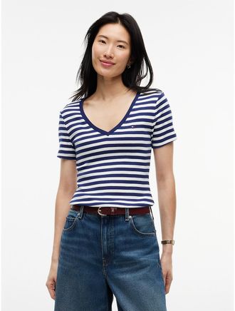 Tommy Hilfiger Womens V-Neck Striped Favorite T-Shirt - Preppy Navy - XXL