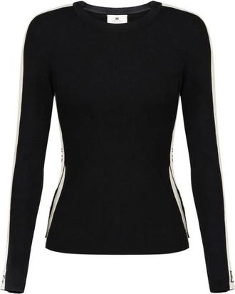 Elisabetta Franchi Round-neck Knitwear, female, Black, Size: XL Top in viscose fabric with shiny bands