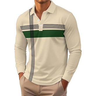 Generic WINWUQB Mens Long Sleeve Polo Shirt Casual Contrast Color Golf Rugby T-Shirt Fashion Work Sports Top Regular Fit Autumn Outdoor Polos (X1-2-Beige,L)