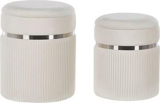 Beliani Conjunto De 2 Pufs De Terciopelo Blanco Crema Almacenaje Bandas De Metal Glamour Sala De Estar Dormitorio Camdenton