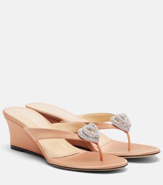 Mach & Mach Double Heart satin wedge thong sandals