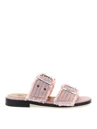 Ganni Feminine Buckle Fringed Denim Sandals