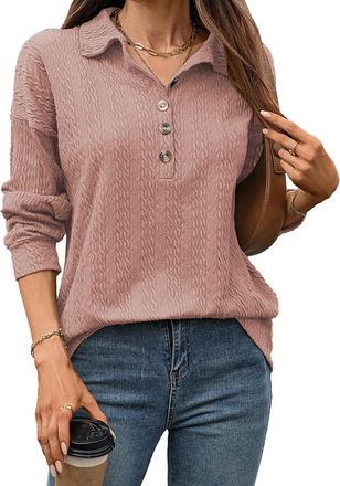 Generic Womens Long Sleeve Poloneck Top - Textured Knit Button Half-Placket Jumper for Casual, Office & Daily Wear (Pink, 2XL)