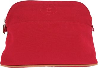 Herm&egrave;s Beige Red Color Cotton Canvas Leather Pouch (Pre-Owned)