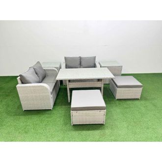 Fimous 6 Seater Outdoor Love Sofa Set Rattan Garden Furniture Set with Rectangular Dining Table 2 Footstool 2 Side Tables Light Grey - Fimous