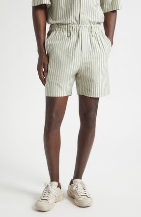 Homme Pliss&eacute; Issey Miyake Stripe Cotton Dobby Shorts in Green at Nordstrom