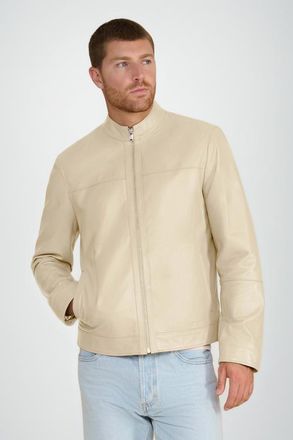 FURNIQ Otis Racer Leather Jacket in Beige at Nordstrom, Size Xx-Large