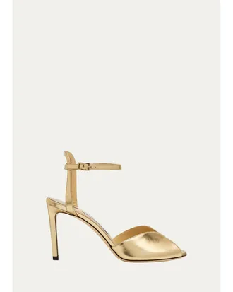 Jimmy Choo London Sacora 85 Metallic Leather Peep-Toe Sandals