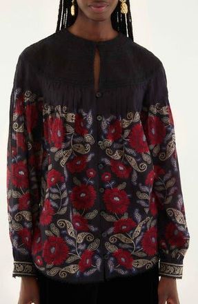 Farm Rio Valentina Floral Cotton Button-Up Shirt in Valentina Black at Nordstrom Rack, Size X-Small