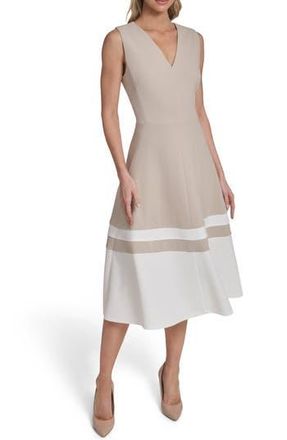 Tommy Hilfiger Scuba Crepe Fit & Flare Midi Dress in Khaki/Ivory at Nordstrom Rack, Size 14