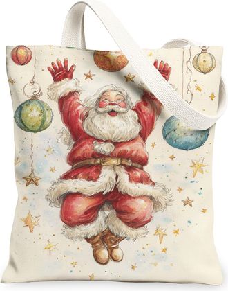 Generic Joyful Santa Canvas Tote Bags, Merry Holiday Pattern Reusable Shopping Bags, Fun Festive Lightweight Washable Shoulder Strap Canvas for Travel Gym Pic