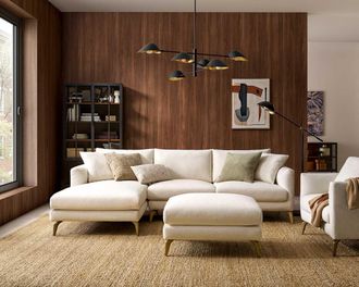 Castlery Lena Chaise Sectional Sofa with Ottoman, Cream Fabric, Brass Legs, Spill-Resistant, Removable Covers for Living Room