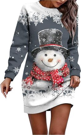 Generic Christmas Jumper Dress for Women UK Ladies Crewneck Long Sleeve Christmas Sweater Dress Xmas Graphic Santa Reindeer Snowflake Xmas Tree Print Knee Len