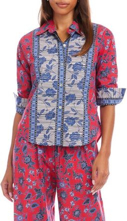 Karen Kane Floral Ruched Sleeve Cotton Button-Up Shirt in Red at Nordstrom, Size X-Small P