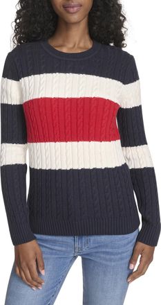 Tommy Hilfiger Womens Cotton Crewneck Cable Sweater Pullover, Sky Captain Multi Colorblock, M