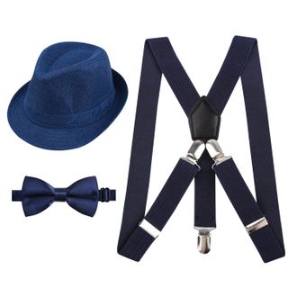 Alizeal 2.5cm Elastic Braces 3 Clip Suspender and Bow Tie Set with Hat for Kids-Dark navy