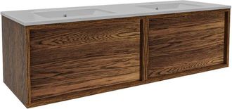 Saniclass Holz Frame Badkamermeubelset - 140x45x40cm - keramische wastafel wit - 2 wasbakken - 2 kraangaten - 2 lades - Walnut pure