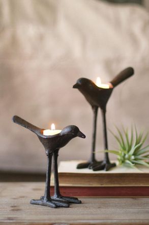 Kalalou Set Of Two Cast Iron Bird Tea Light Holders