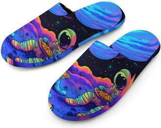 Generic Astronaut And Pizza Mens Slippers Flannel Warm House Shoes with Rubber Anti-Slip Sole Slip On for Home Outdoor