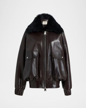 Khaite Daemon Oversized Leather Jacket with Shearling Collar