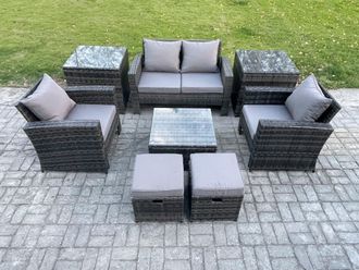 Fimous Rattan Wicker Garden Furniture Patio Conservatory Sofa Set with Square Coffee Table Armchair 2 Small Footstools in Dark Grey