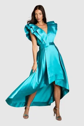 Coast V-Neck High Low Midi Dress in Teal at Nordstrom, Size 10