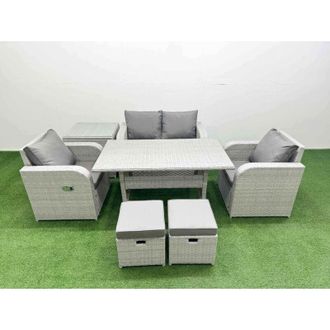 Fimous Fimous Light Grey PE Wicker Rattan Garden Furniture Set Sofa Set Reclining Chair Rectangular Dining Table 6 Seater 2 Small Stools Side Table