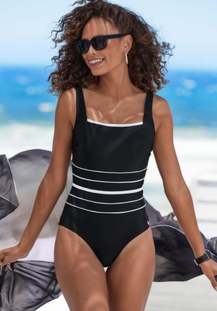 Lascana Badeanzug LASCANA, Damen, Gr. 38, Cup D, schwarz, wei&szlig;, Recycling-Polyamid, gestreift, kontrastfarbene Details, Badeanz&uuml;ge Badeanzug, mit Shaping-Effe