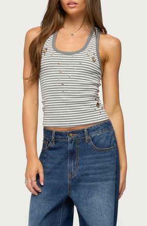 Edikted Sindy Stud & Grommet Stripe Racerback Tank in Gray-And-White at Nordstrom, Size X-Small