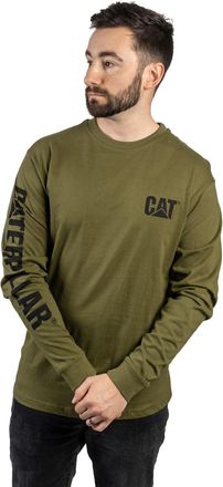 CAT Caterpillar Trademark Banner Long Sleeve Tee Shirts for Men with Center Back Neck Wire Management Loop and Cat Workwear Logo, Chive, XXXXL