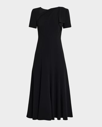 Roland Mouret Shoulder Drape Short-Sleeve Light Cady Midi Dress